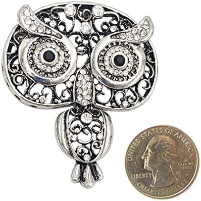 Vintage Style Metal Filigree With Crystal Accents Hootiful Wise Owl Brooch With Pendant Loop, 2.5" (Aged Silver Tone)