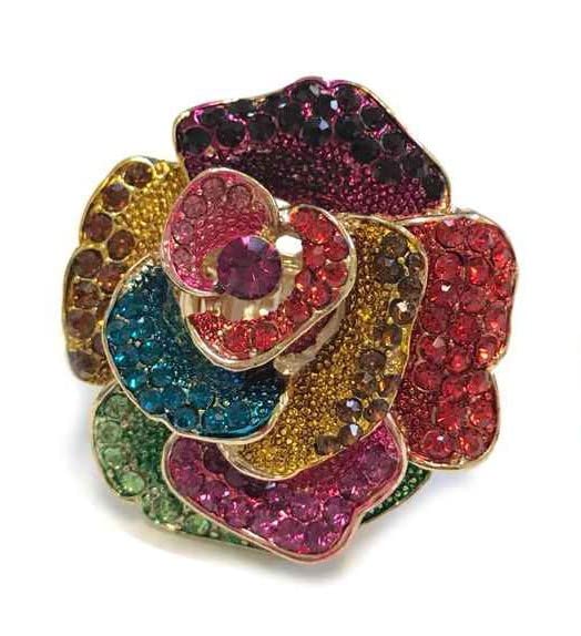 Stunning Pave Crystal Rhinestone Rose Flower Statement Stretch Cocktail Ring, 2" (Rainbow With Gold Tone Band)