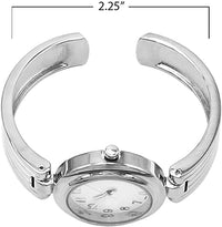 Chic And Stylish Round Face Polished Metal With Textured Stripe Cuff Band Bracelet Watch, 6.5" (Silver Tone)