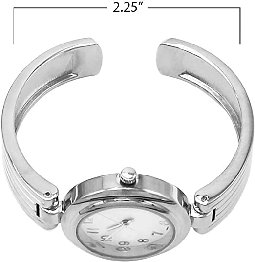 Chic And Stylish Round Face Polished Metal With Textured Stripe Cuff Band Bracelet Watch, 6.5" (Silver Tone)