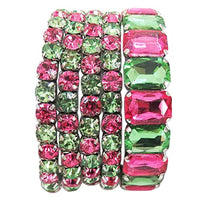 Stunning Statement Set Of 5 Colorful Crystal Rhinestone Stretch Bracelets, 6.75" (Pink And Green Crystal Silver Tone)