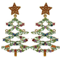 Gold Tone Sparkling Holiday Themed Crystal Rhinestone Christmas Tree Hypoallergenic Post Back Dangle Earrings, 2.5"