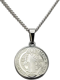 Stainless Steel Double Sided Saint Benedict Medallion Pendant On Sterling Silver Made In Italy Chain Necklace (Cable Chain With Adjustable Slide, 22")