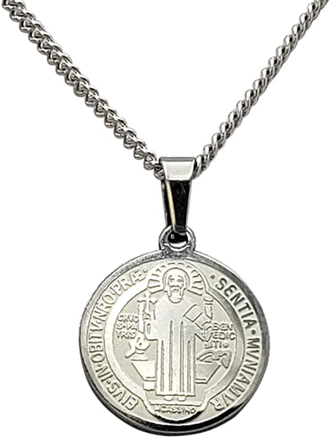 Stainless Steel Saint Benedict Double Sided Medallion Pendant On Sterling Silver Made In Italy Chain Necklace (Cable Chain, 18")