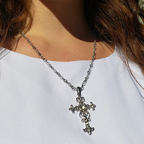 Stunning Vintage Vibes Crystal Rhinestone Christian Cross Pendant Necklace Earrings Set, 18"+3" Extender (AB And Clear Crystal Silver Tone)