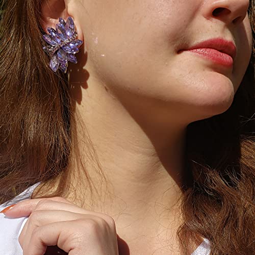 Dazzling Crystal Marquis Leaf Cluster Statement Clip On Earrings, 1.87" (Lavender Purple With Rose Pink Crystal Silver Tone)