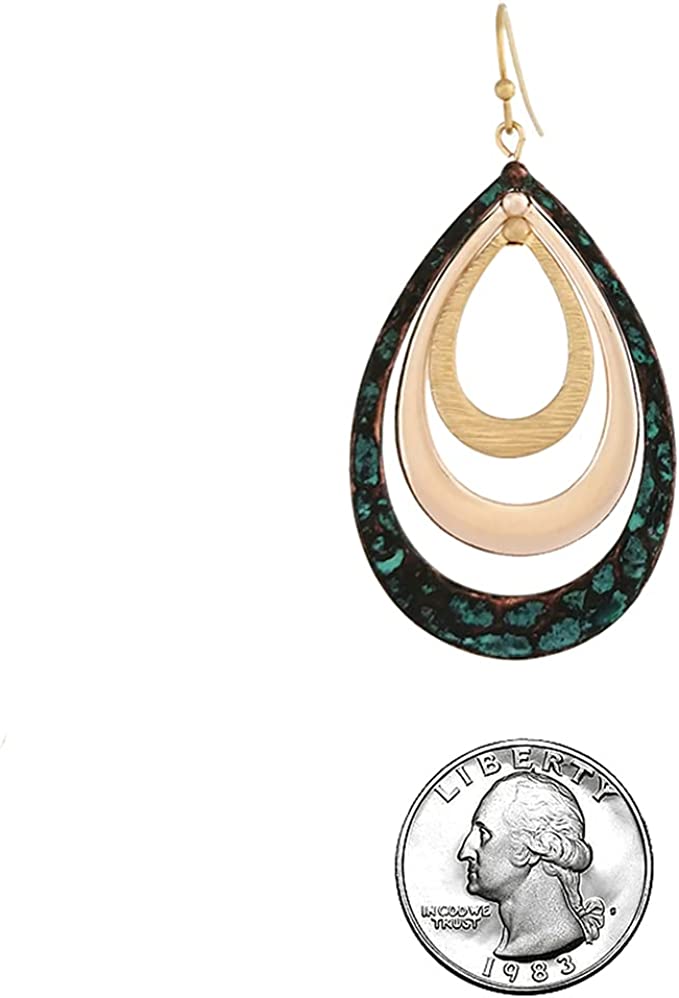Chic Hammered Metal Geometric Triple Hoop Dangle Earrings, 2.25" (Patina And Polished Gold)