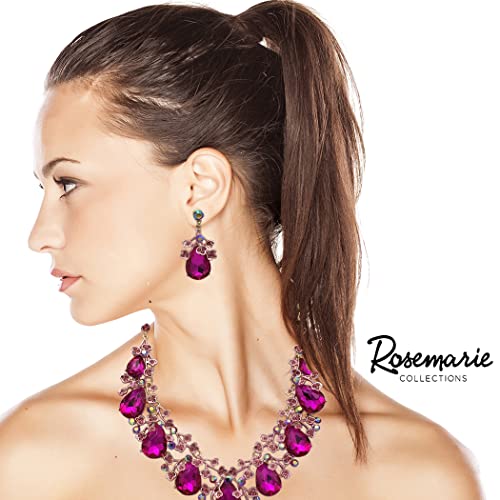 Mesmerizing Colored Crystal Teardrop 3D Metal Vine Statement Necklace Earrings Formal Jewelry Gift Set, 18"+ 3" Extender (Fuchsia Pink Gold Tone)