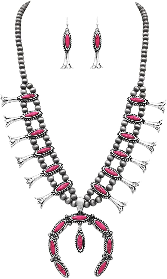 Colorful Natural Semi Precious Howlite Stone Statement Western Squash Blossom Necklace Earrings Set, 24"+3" Extension (Fuchsia Pink)
