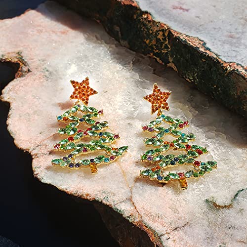 Gold Tone Sparkling Holiday Themed Crystal Rhinestone Christmas Tree Hypoallergenic Post Back Dangle Earrings, 2.5"
