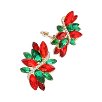Dazzling Crystal Marquis Leaf Cluster Statement Clip On Earrings, 1.87" (Christmas Mix Green Red Crystal Gold Tone)