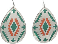 Western Style Silver Tone With Orange And Turquoise Decorative Aztec Print Dangle Earrings, 2.5"