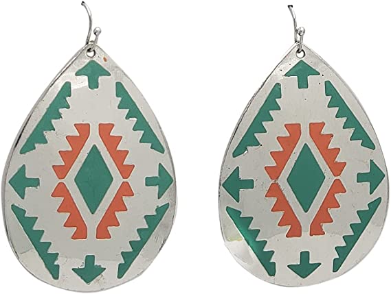 Western Style Silver Tone With Orange And Turquoise Decorative Aztec Print Dangle Earrings, 2.5"