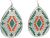 Western Style Silver Tone With Orange And Turquoise Decorative Aztec Print Dangle Earrings, 2.5"