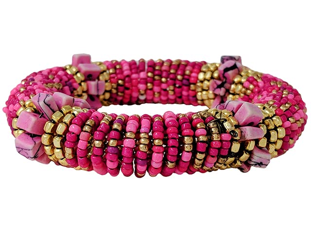 Bohemian Chic Pink Seed Bead And Howlite Stone Flexible Wire Coil Stretch Bracelet, 6.5"