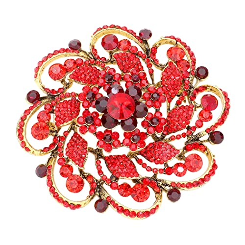 Stunning Vintage Vibes Crystal Flower And Leaf Pinwheel Statement Size Large Brooch, 4" (Red Crystal Gold Tone)