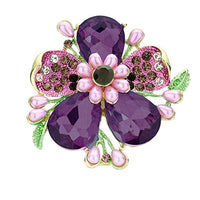 Rosemarie Collections Women's Stunning Crystal Teardrop And Pave Petals With Simulated Pearl Statement Flower Stretch Cocktail Ring (Large, Violet Purple Gold Tone)