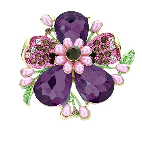 Rosemarie Collections Women's Stunning Crystal Teardrop And Pave Petals With Simulated Pearl Statement Flower Stretch Cocktail Ring (Large, Violet Purple Gold Tone)