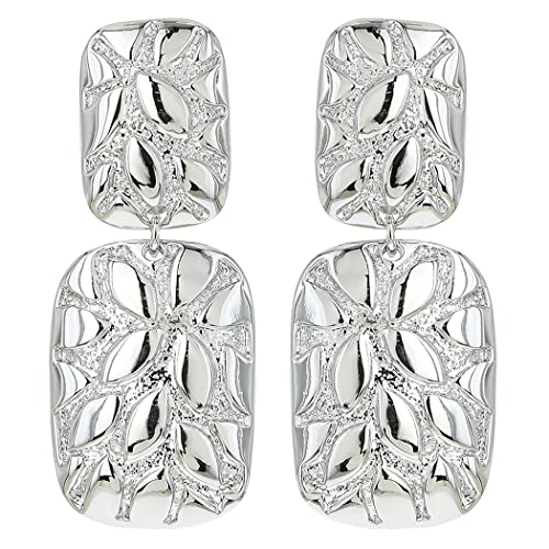 Unique Textured Polished Metal Dangle Clip On Style Earrings, 2.5" (Silver Tone)