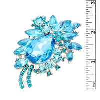 Colorful Glass Crystal Teardrop Flower Statement Brooch Pin Pendant (Aqua Blue Silver Tone)