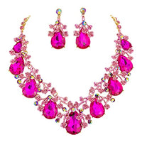 Mesmerizing Colored Crystal Teardrop 3D Metal Vine Statement Necklace Earrings Formal Jewelry Gift Set, 18"+ 3" Extender (Fuchsia Pink Gold Tone)