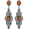 Vintage Vibe Western Style Semi Precious Coral Orange Howlite Stone Textured Metal Dangle Earrings, 2.82"