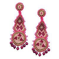 Peyote Stitch Seed Bead With Fringe Statement Post Earrings, 3.25" (Fuchsia Pink)