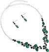 Rhinestone Crystal Teardrop Statement Necklace Hypoallergenic Drop Earrings Set, 15"-21" with 6" Extender (Emerald Green Silver Tone)