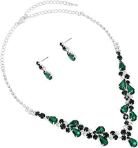 Rhinestone Crystal Teardrop Statement Necklace Hypoallergenic Drop Earrings Set, 15"-21" with 6" Extender (Emerald Green Silver Tone)