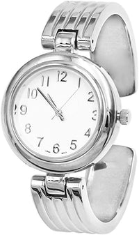 Chic And Stylish Round Face Polished Metal With Textured Stripe Cuff Band Bracelet Watch, 6.5" (Silver Tone)