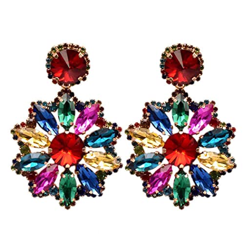 Dramatic Mardi Gras Marquis Crystal Long Dangle Post Back Earrings, 2.75" (Multicolor Crystal Gold Tone)