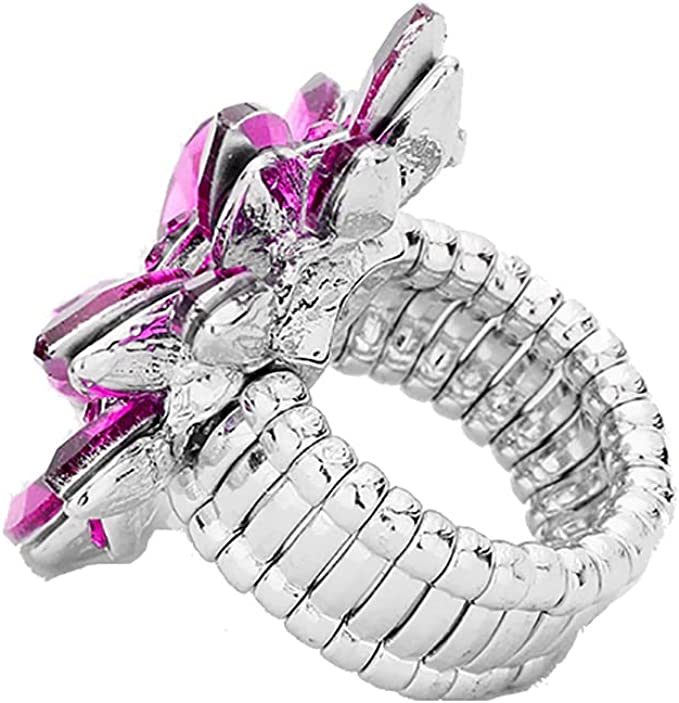 Dazzling Crystal Marquis Leaf Cluster Statement Stretch Cocktail Ring (Rose Pink Crystal Silver Tone)