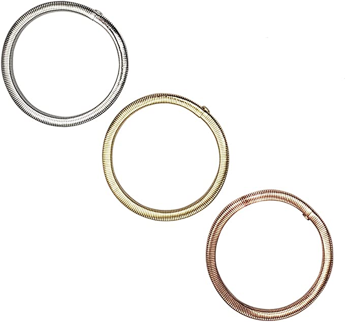 Set Of 3 Sleek And Stylish Omega Chain Coil Stretch Bracelets, 7.25" (Tri Tone Silver Gold Copper)