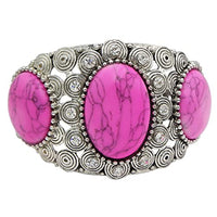 Cowgirl Glam Western Semi Precious Pink Howlite Stone And Crystal Rhinestones In Swirl Silver Tone Hinged Cuff Bracelet, 6.5"