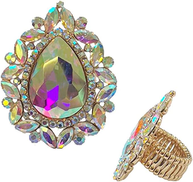 Stunning Statement Teardrop Glass Crystal Stretch Cocktail Ring (AB Crystal Gold Tone)