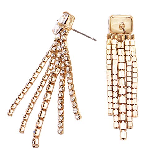 Sparkling Baguette Crystal Rhinestone Fringe Hypoallergenic Post Earrings (4.25", Gold Tone Clear Crystal)