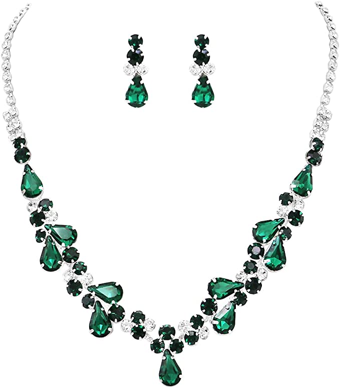 Rhinestone Crystal Teardrop Statement Necklace Hypoallergenic Drop Earrings Set, 15"-21" with 6" Extender (Emerald Green Silver Tone)