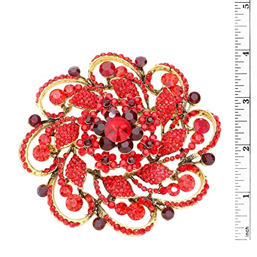 Stunning Vintage Vibes Crystal Flower And Leaf Pinwheel Statement Size Large Brooch, 4" (Red Crystal Gold Tone)