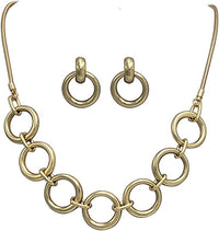 Statement Gold Tone Geometric Circular Rings Necklace Earrings Gift Set, 19"+22" Extender