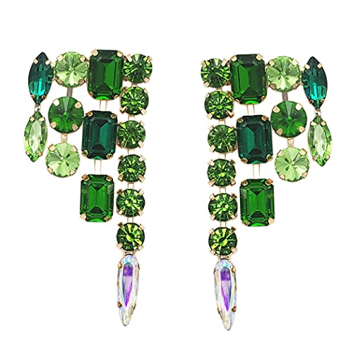 Stunning Statement Waterfall Design Crystal Rhinestone Hypoallergenic Post Earrings, 3.25" (Shades Green Crystals Gold Tone)