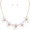 Stunning Powder Coated Metal Flower Collar Necklace And Crystal Stud Earrings Gift Set, 15"+3" Extender (AB Crystal White Flower)