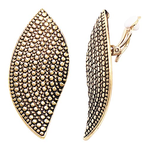 Chic Burnished Metal Textured Caviar Clip On Style Earrings, 2.25" (Gold Tone)