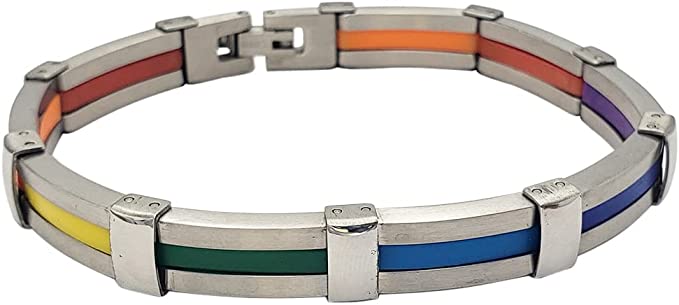 Men's Stylish Stainless Steel With Rainbow Pride Color Links Bracelet, 7.5"