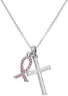 Inspirational Breast Cancer Awareness Pink Crystal Ribbon and Silver Cross Charm Necklace, 18"-20" with 3" Extender