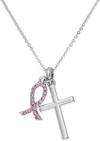 Inspirational Breast Cancer Awareness Pink Crystal Ribbon and Silver Cross Charm Necklace, 18"-20" with 3" Extender