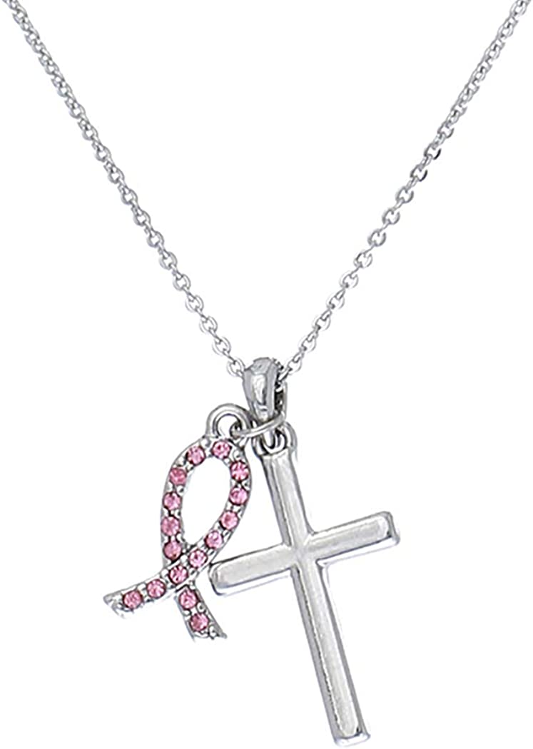 Inspirational Breast Cancer Awareness Pink Crystal Ribbon and Silver Cross Charm Necklace, 18"-20" with 3" Extender