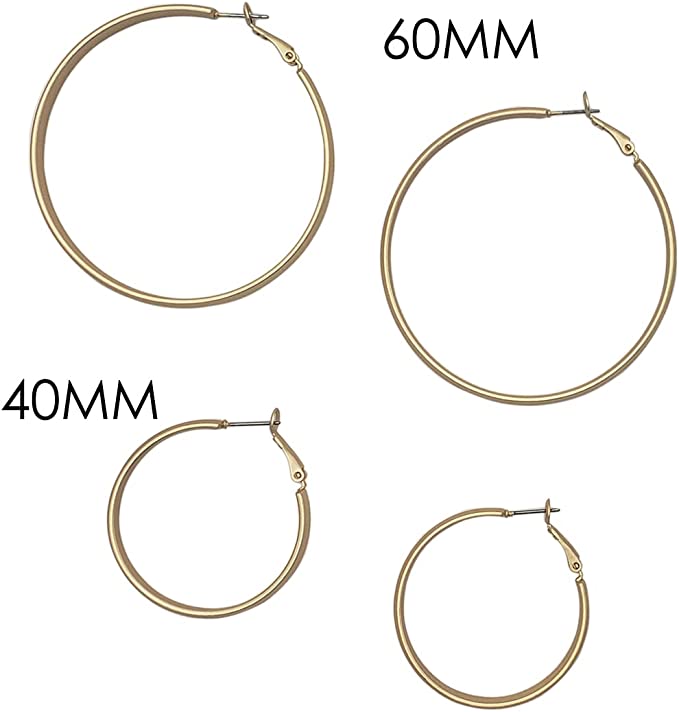 Chic Stainless Steel With Matte Finish Side Silhouette Modern Flat Hoop Earrings With Hypoallergenic Omega Post Backs (60mm, Gold Plated)