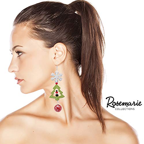 Whimsical Christmas Holiday Themed Fun Glitter Christmas Tree Snowflake Extra Long Shoulder Duster Dangle Earrings, 5"