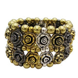 Vintage Chic 3D Metal Rose And Ball Bead Multitone Metal Chunk Statement Stretch Bracelet, 6.5