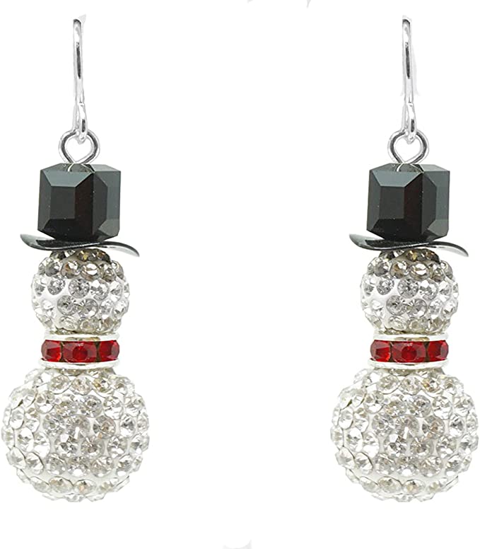 Glittering Decorative Pave Crystal Ball Wintertime Snowman Christmas Holiday Dangle Earrings, 1.75"